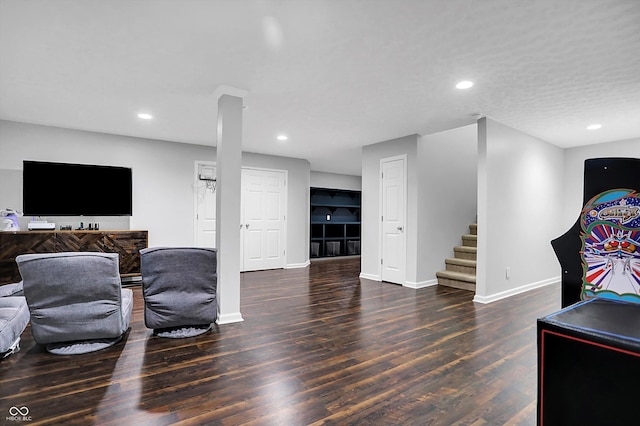 13836 Fieldcrest Dr, Mccordsville, IN 46055 - living room with baseboards, wood finished floors, recessed lighting, and stairs