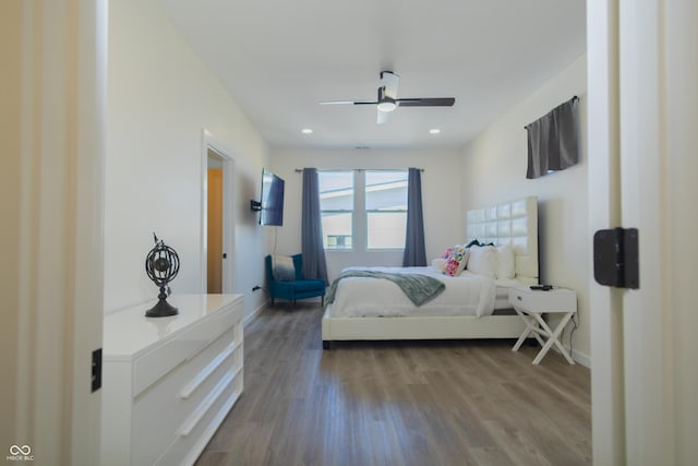 2302 Prospect St, Indianapolis, IN 46203 - bedroom featuring recessed lighting, wood finished floors, a ceiling fan, and baseboards