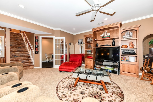 19311 Morrison Way, Noblesville, IN 46060 - carpeted living room featuring recessed lighting, crown molding, stairway, and a ceiling fan