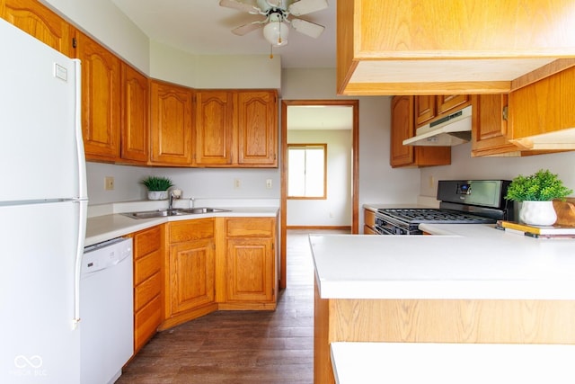 4917 Algonquin Trl, Kokomo, IN 46902 - kitchen featuring white appliances, under cabinet range hood, a sink, dark wood-type flooring, and light countertops
