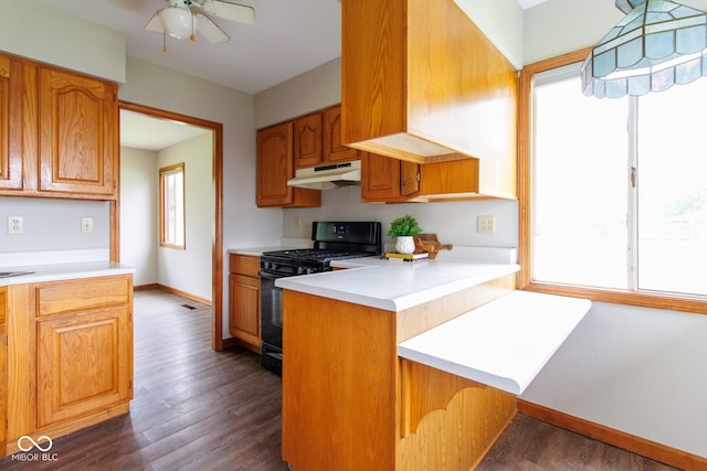 4917 Algonquin Trl, Kokomo, IN 46902 - kitchen featuring black gas stove, under cabinet range hood, dark wood-style floors, and light countertops