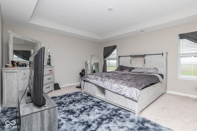 bedroom featuring baseboards, visible vents, carpet floors, and a tray ceiling