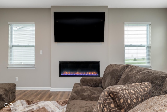 living area with baseboards, wood finished floors, and a glass covered fireplace