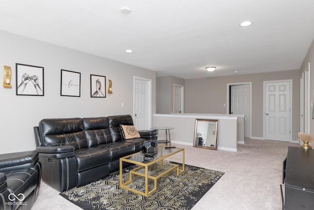 living area with baseboards, recessed lighting, and carpet floors