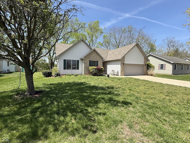 single story home featuring roof with shingles, concrete driveway, brick siding, an attached garage, and a front yard