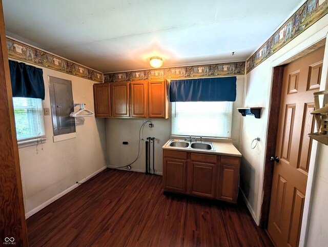 4335 River Rd, Columbus, IN 47203 - kitchen featuring dark wood-style flooring, a sink, electric panel, brown cabinetry, and baseboards