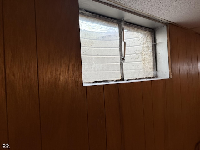 details featuring wooden walls and a textured ceiling