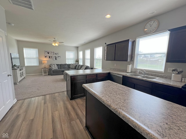 4245 W Fork Dr, Westfield, IN 46062 - kitchen with a sink, stainless steel dishwasher, a ceiling fan, light wood finished floors, and light countertops