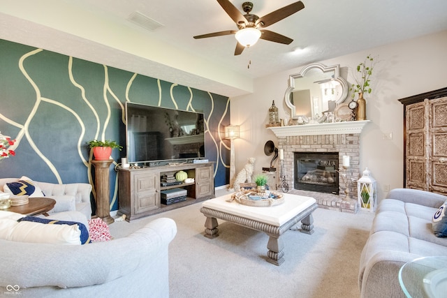6054 Easy Ln, Indianapolis, IN 46259 - carpeted living room featuring a fireplace and a ceiling fan