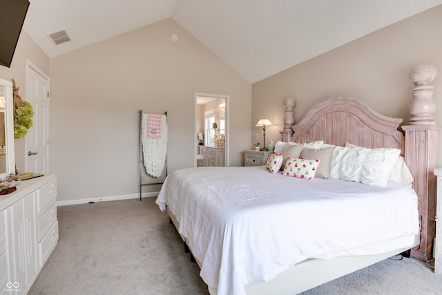 6054 Easy Ln, Indianapolis, IN 46259 - bedroom with light carpet, ensuite bath, high vaulted ceiling, and baseboards