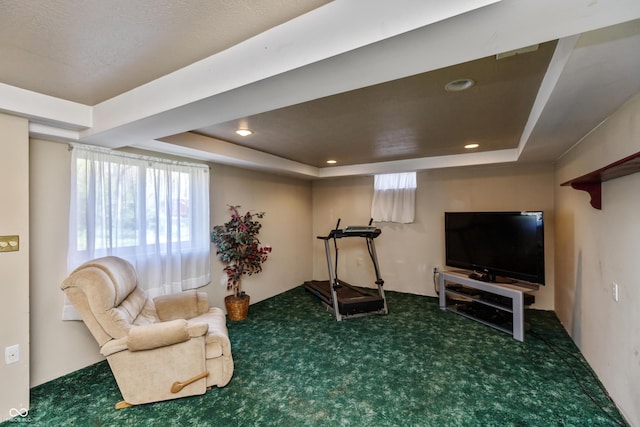 614 Debra Ln, Indianapolis, IN 46217 - workout room featuring a tray ceiling, carpet flooring, and recessed lighting
