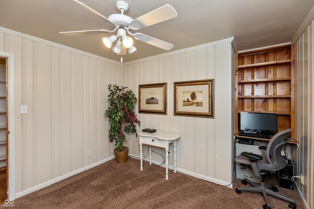614 Debra Ln, Indianapolis, IN 46217 - carpeted office space featuring baseboards, ceiling fan, and crown molding