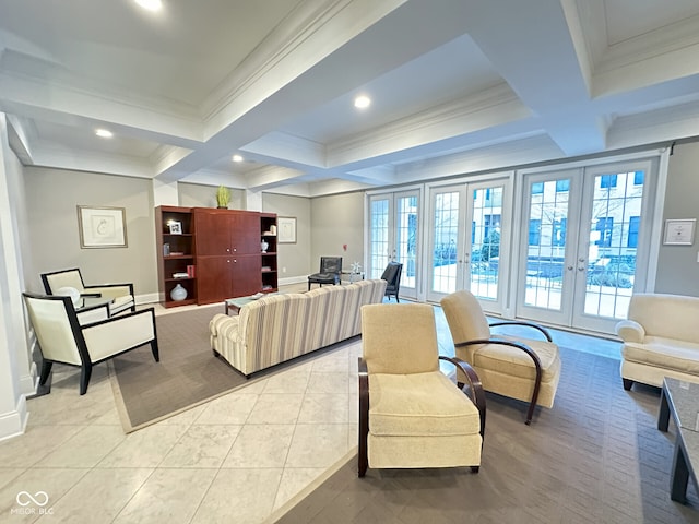 living room featuring crown molding, coffered ceiling, and french doors