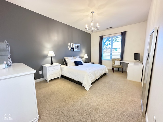 bedroom with visible vents, light carpet, a chandelier, and baseboards