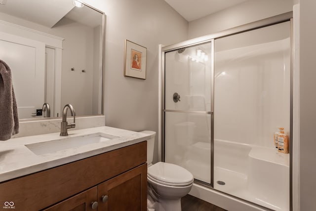 bathroom featuring toilet, a shower stall, wood finished floors, and vanity
