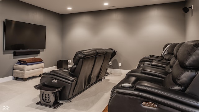 cinema featuring baseboards, recessed lighting, visible vents, and light colored carpet