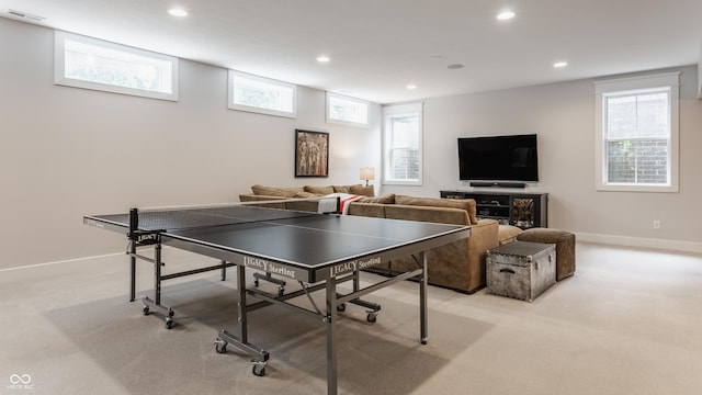 game room featuring recessed lighting, visible vents, light colored carpet, and baseboards
