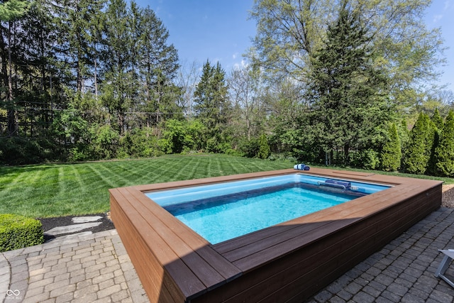 view of pool featuring a hot tub and a lawn