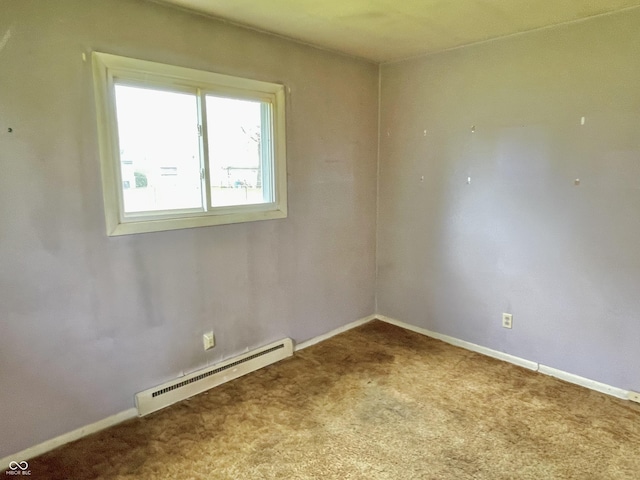 spare room featuring baseboards, carpet floors, and a baseboard radiator