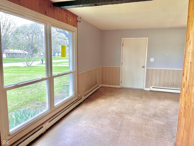 empty room featuring a wainscoted wall, a wealth of natural light, and a baseboard radiator