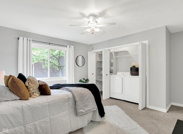 3646 Beach Blvd, Cicero, IN 46034 - bedroom with washing machine and dryer, light colored carpet, baseboards, and ceiling fan