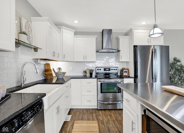 3646 Beach Blvd, Cicero, IN 46034 - kitchen featuring wall chimney range hood, appliances with stainless steel finishes, dark wood-style floors, white cabinets, and recessed lighting