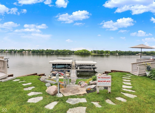 3646 Beach Blvd, Cicero, IN 46034 - dock with boat lift, a water view, and a lawn