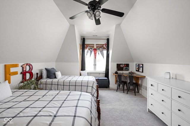 8551 E 300 S, Zionsville, IN 46077 - bedroom featuring baseboards, a ceiling fan, lofted ceiling, and light colored carpet