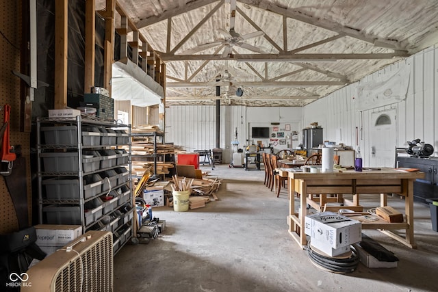 8551 E 300 S, Zionsville, IN 46077 - miscellaneous room with a workshop area, high vaulted ceiling, ceiling fan, and concrete flooring