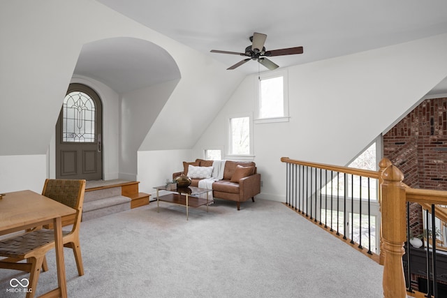 8551 E 300 S, Zionsville, IN 46077 - living area with a ceiling fan, carpet flooring, and vaulted ceiling