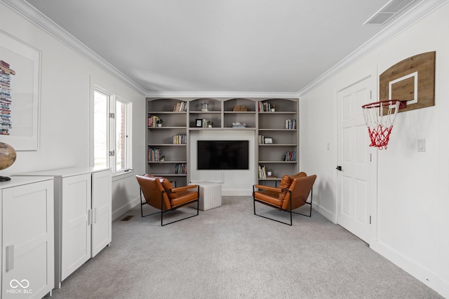 8551 E 300 S, Zionsville, IN 46077 - living area with light colored carpet, visible vents, crown molding, and baseboards