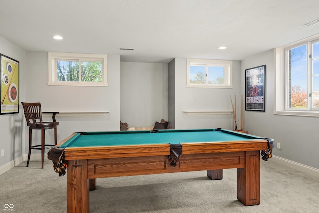 recreation room with recessed lighting, carpet, pool table, and baseboards