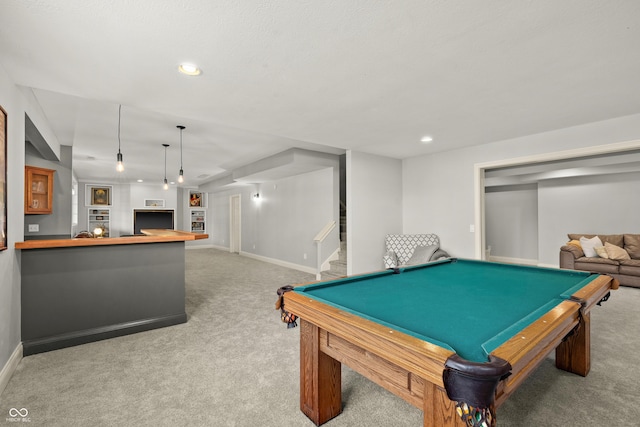 recreation room with baseboards, carpet floors, and pool table