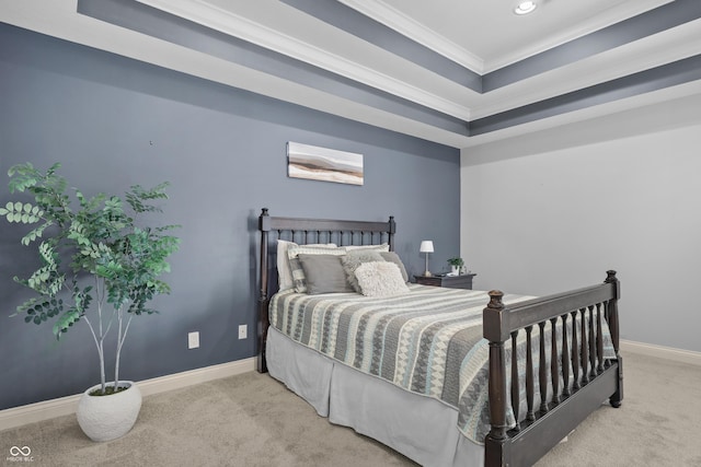 carpeted bedroom with baseboards, recessed lighting, and ornamental molding