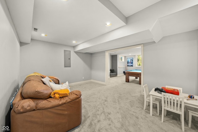 game room featuring electric panel, visible vents, recessed lighting, light colored carpet, and billiards