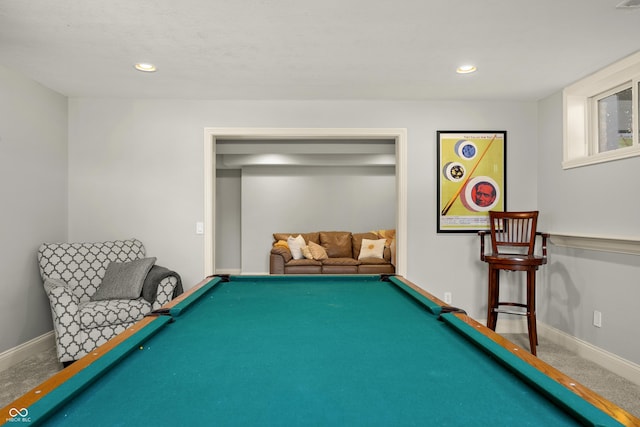 recreation room featuring baseboards, billiards, and recessed lighting