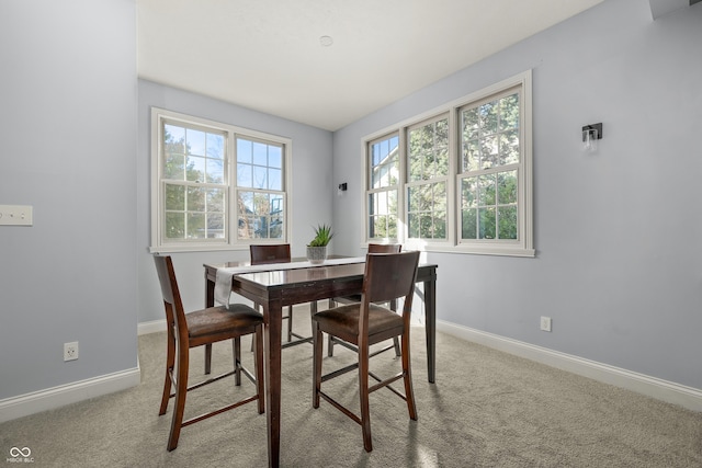 dining area featuring a wealth of natural light, carpet flooring, and baseboards