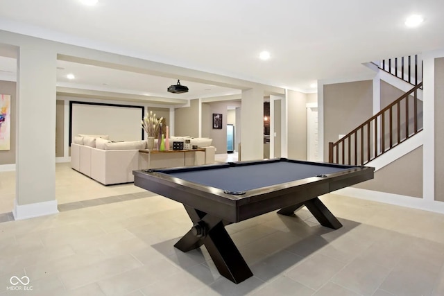 rec room featuring billiards, baseboards, and recessed lighting