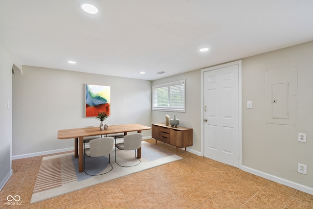 office area featuring recessed lighting, visible vents, electric panel, and baseboards