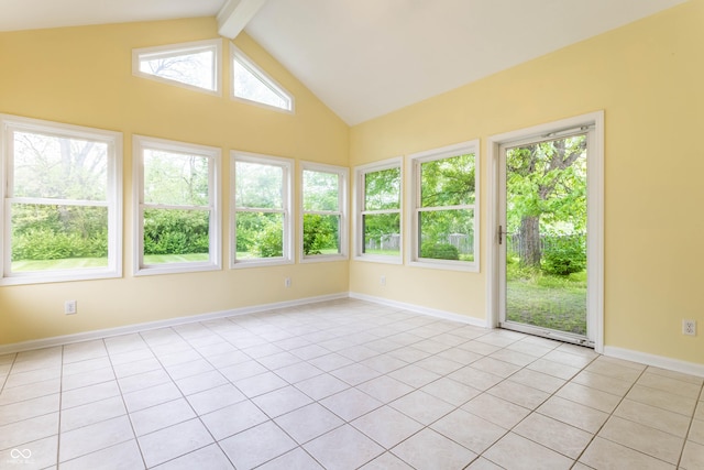 unfurnished sunroom featuring tile patterned flooring, beam ceiling, baseboards, and high vaulted ceiling