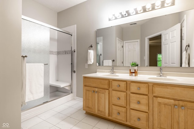 full bathroom with a shower stall and double vanity