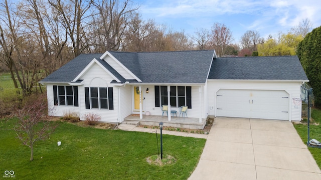 ranch-style home featuring a shingled roof, an attached garage, driveway, a porch, and a front yard