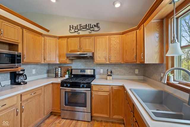 kitchen featuring a sink, vaulted ceiling, light countertops, under cabinet range hood, and appliances with stainless steel finishes
