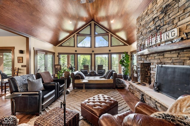 living area featuring wood-type flooring, a fireplace, wood ceiling, and high vaulted ceiling