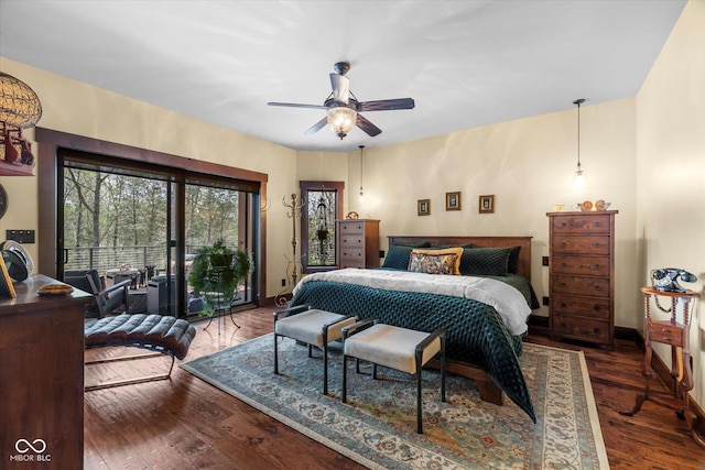bedroom with wood finished floors, access to exterior, a ceiling fan, and baseboards