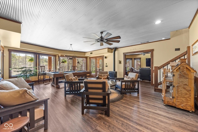 living room with billiards, ceiling fan, dark wood-style flooring, recessed lighting, and stairs
