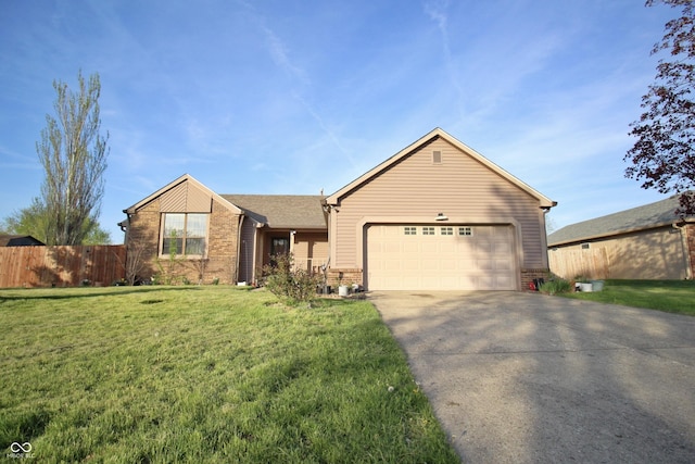 ranch-style house featuring a front lawn, driveway, fence, brick siding, and an attached garage