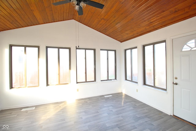 foyer featuring visible vents, a ceiling fan, wood finished floors, wood ceiling, and high vaulted ceiling