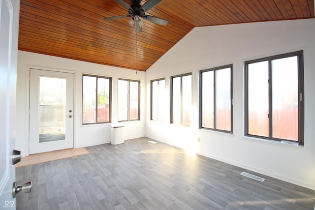 unfurnished sunroom with baseboards, wood finished floors, visible vents, and wood ceiling