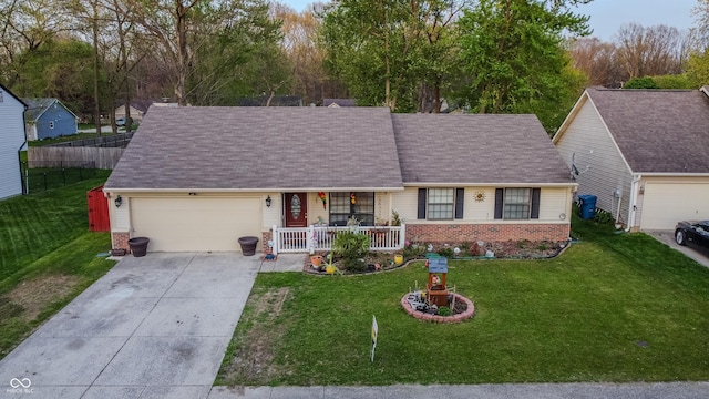 ranch-style house with covered porch, brick siding, a garage, driveway, and a front yard